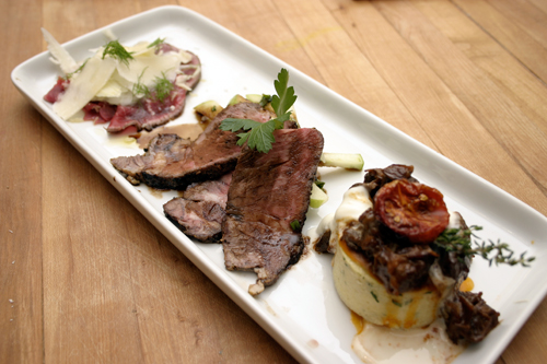 beeftrio1 February Kitchen Play Part 3: Sherried Beef Shank on Herbed Polenta with Roasted Tomatoes and Mascarpone Cream.