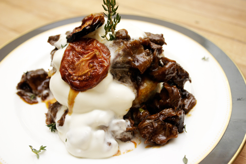 bs20 February Kitchen Play Part 3: Sherried Beef Shank on Herbed Polenta with Roasted Tomatoes and Mascarpone Cream.