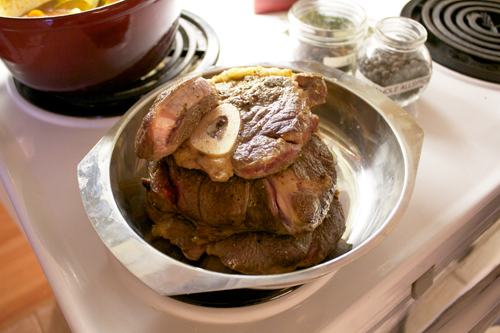 bs4 February Kitchen Play Part 3: Sherried Beef Shank on Herbed Polenta with Roasted Tomatoes and Mascarpone Cream.
